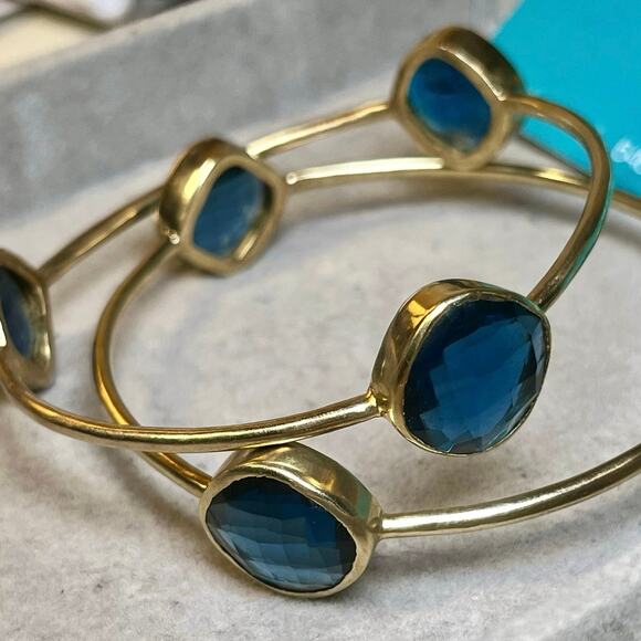 Julie Vos Gold Bangles Set of 3 Blue Stone Stackable Bracelets Boho Layered - Picture 3 of 11